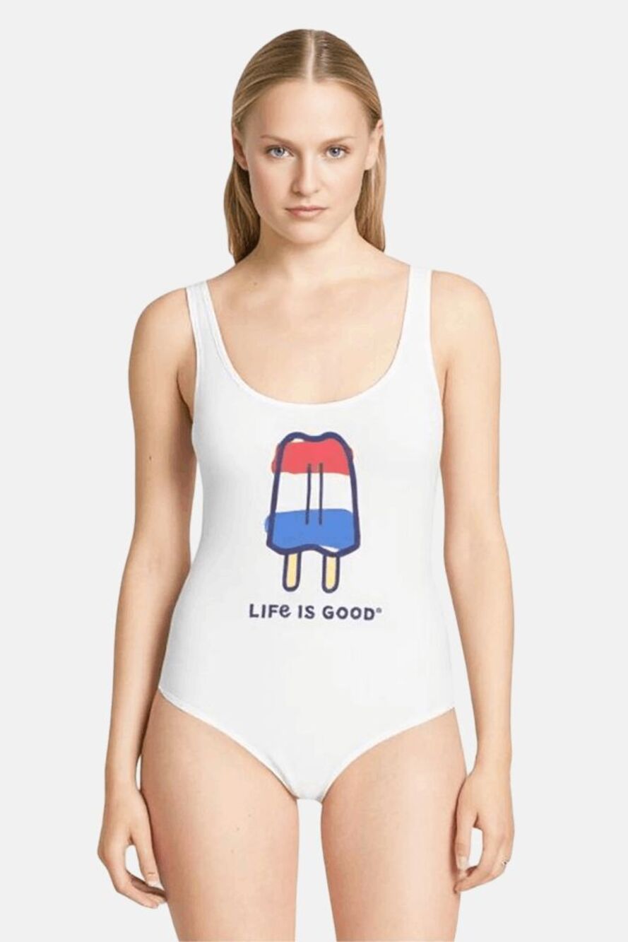 Life Is Good One Piece Swimsuit Rocket Popsicle Red White Blue UPF50 Womens S NE